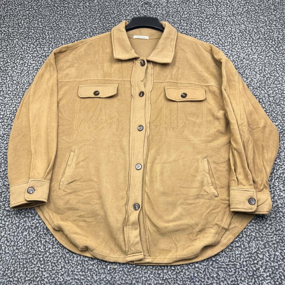 12th Tribe Shacket Jacket Women M/L Tan Fleece Button Down Oversized Pocket